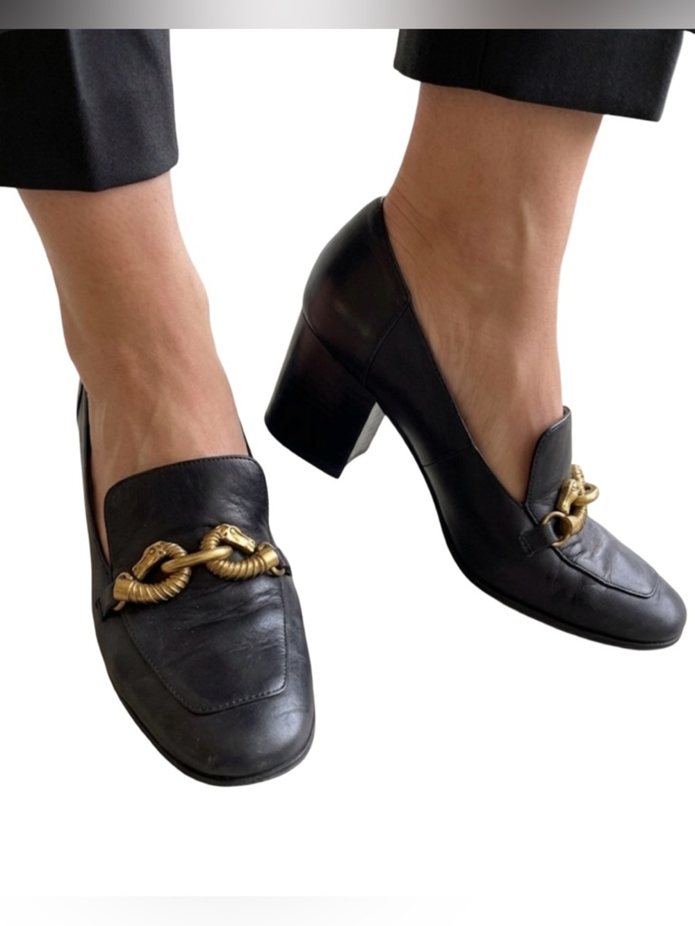 Tory Burch Jessa Black Leather Block Heel Loafers Gold Horsebit Detail Size 8.5